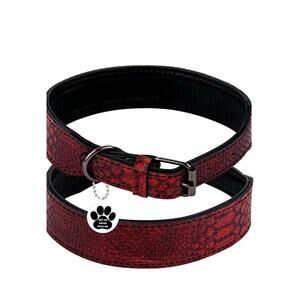 Luxury Leather Dog Collar with ID Tag QR, Padded, Thick with Metal Buckle (Red S